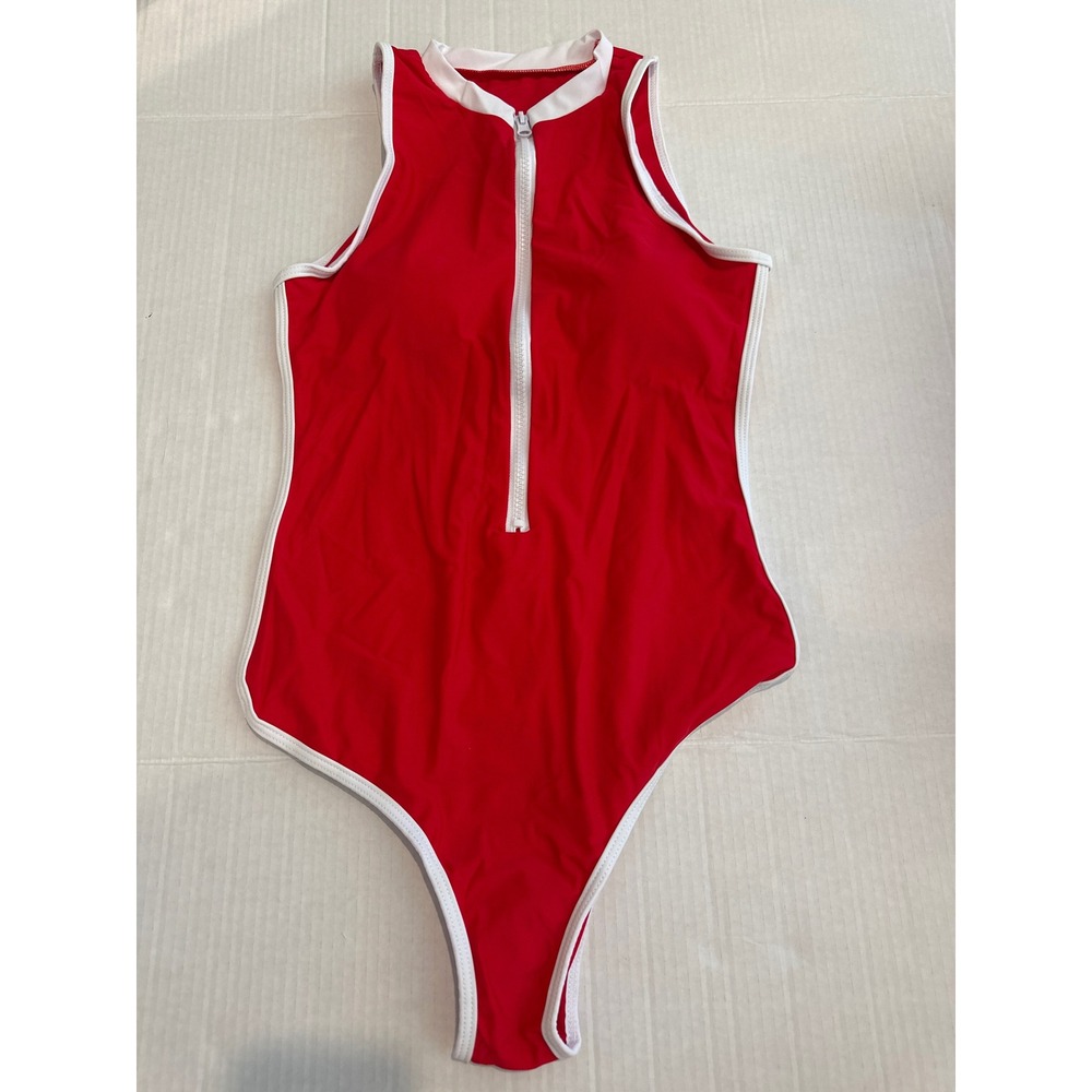 SHEIN Womens Red Zip Front High Neck One Piece Swimsuit White Trim Size S